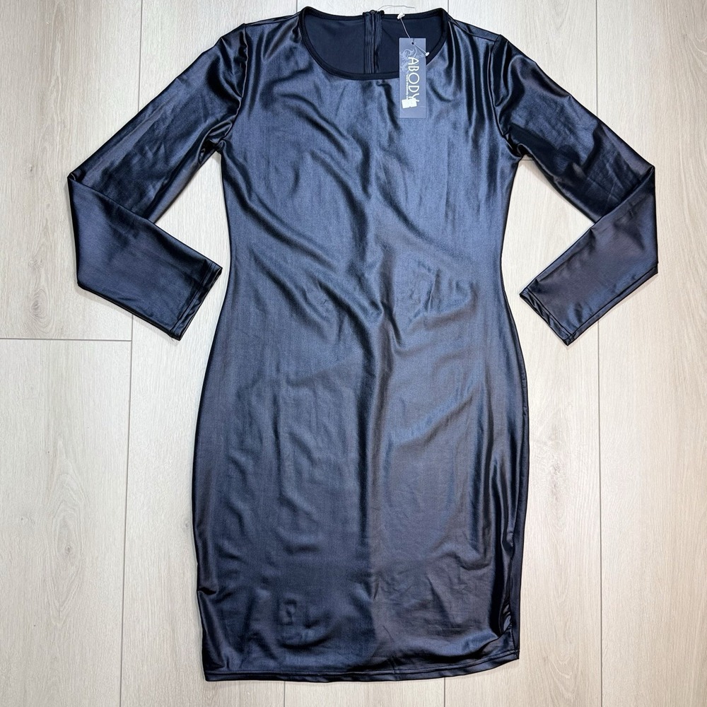 ABODY Womens XXL Black Faux Leather Bodycon Dress Long Sleeve Midi Stretch Sexy